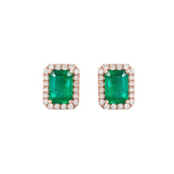 14K Rose Gold Green Emerald With Diamond 8 Carats Lady Stud Halo Earrings