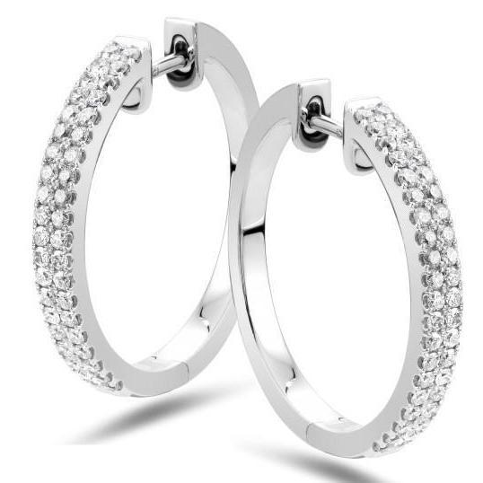 14K White Gold 3.00 Carats Prong Set Real Diamonds Ladies Hoop Earrings