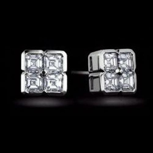14K White Gold Asscher Cut Genuine Diamond Stud Earring 2 Carats