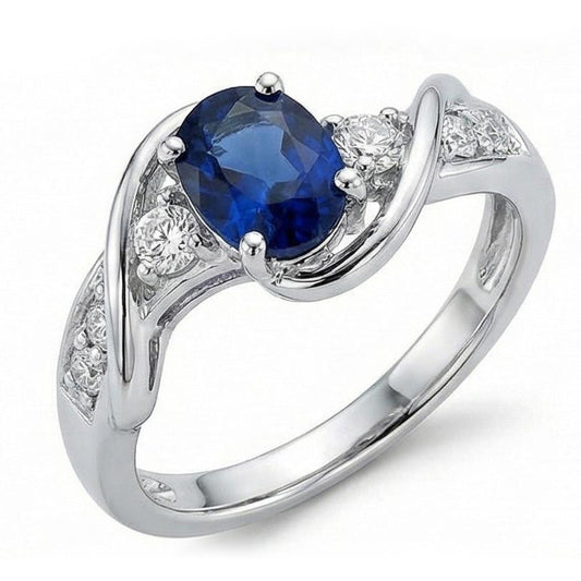 14K White Gold Ceylon Sapphire With Natural Earth Mined Diamond ( Not Lab Grown ) Wedding Ring 1.25 Ct