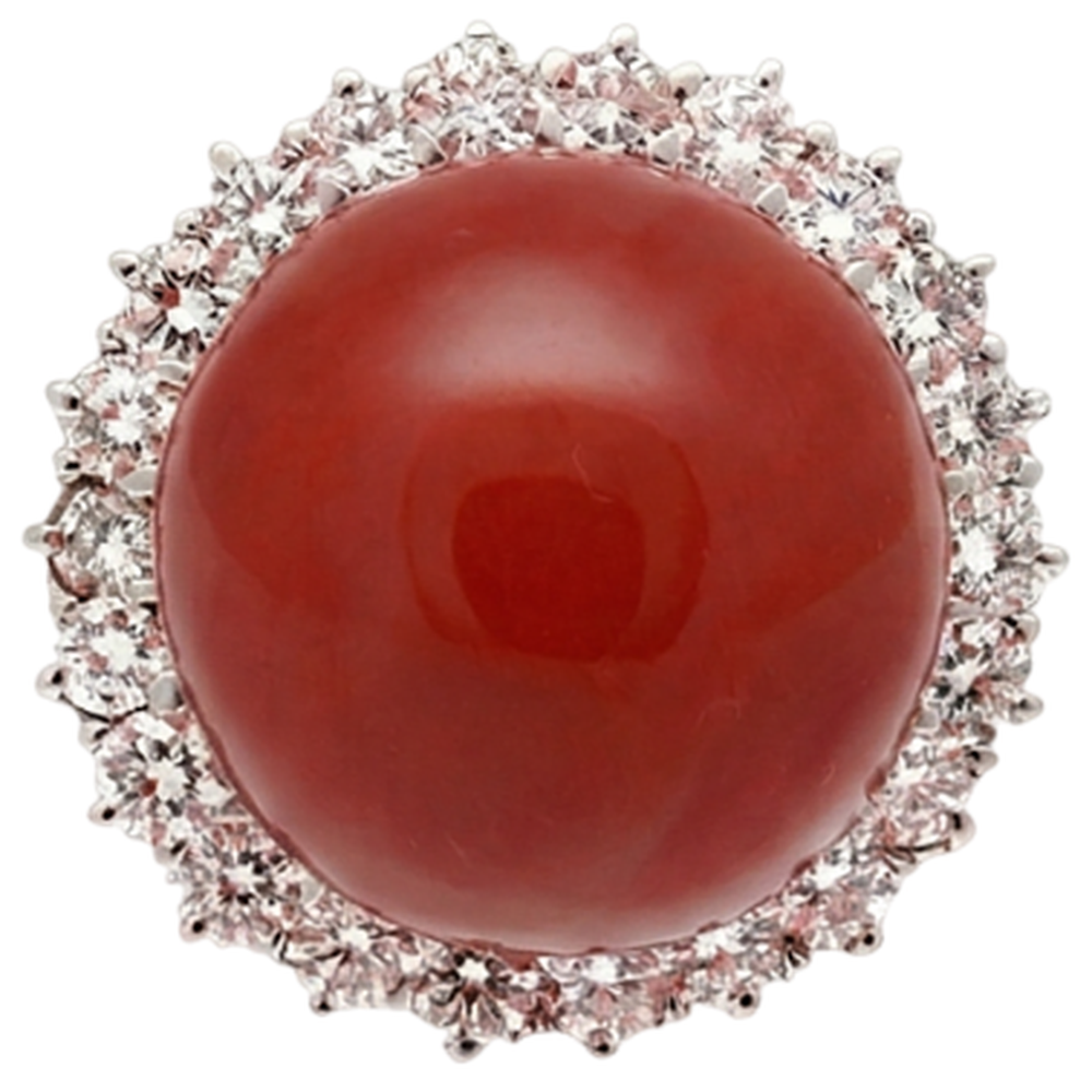 15.25 Ct Big Red Coral And Natural Earth Mined Diamond ( Not Lab Grown )s Engagement Ring White Gold 14K