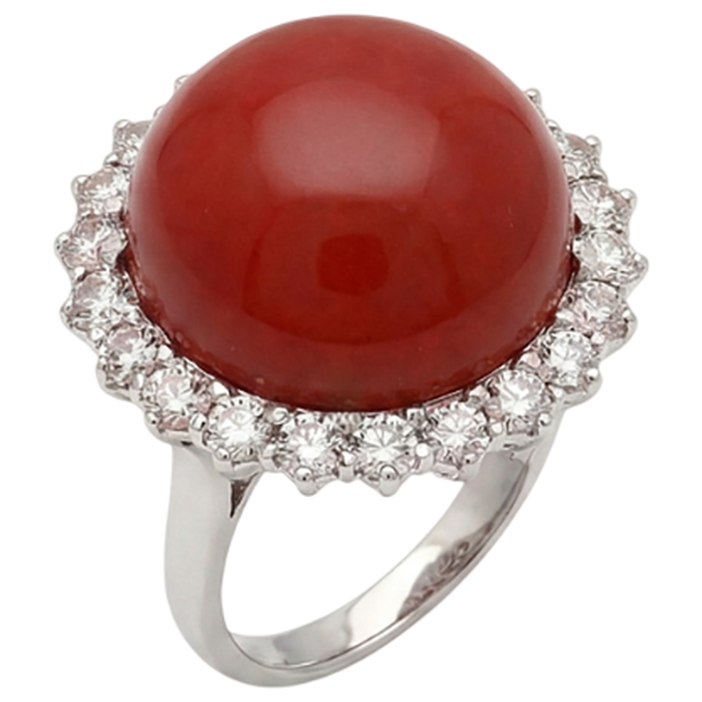 15.25 Ct Big Red Coral And Natural Earth Mined Diamond ( Not Lab Grown )s Engagement Ring White Gold 14K