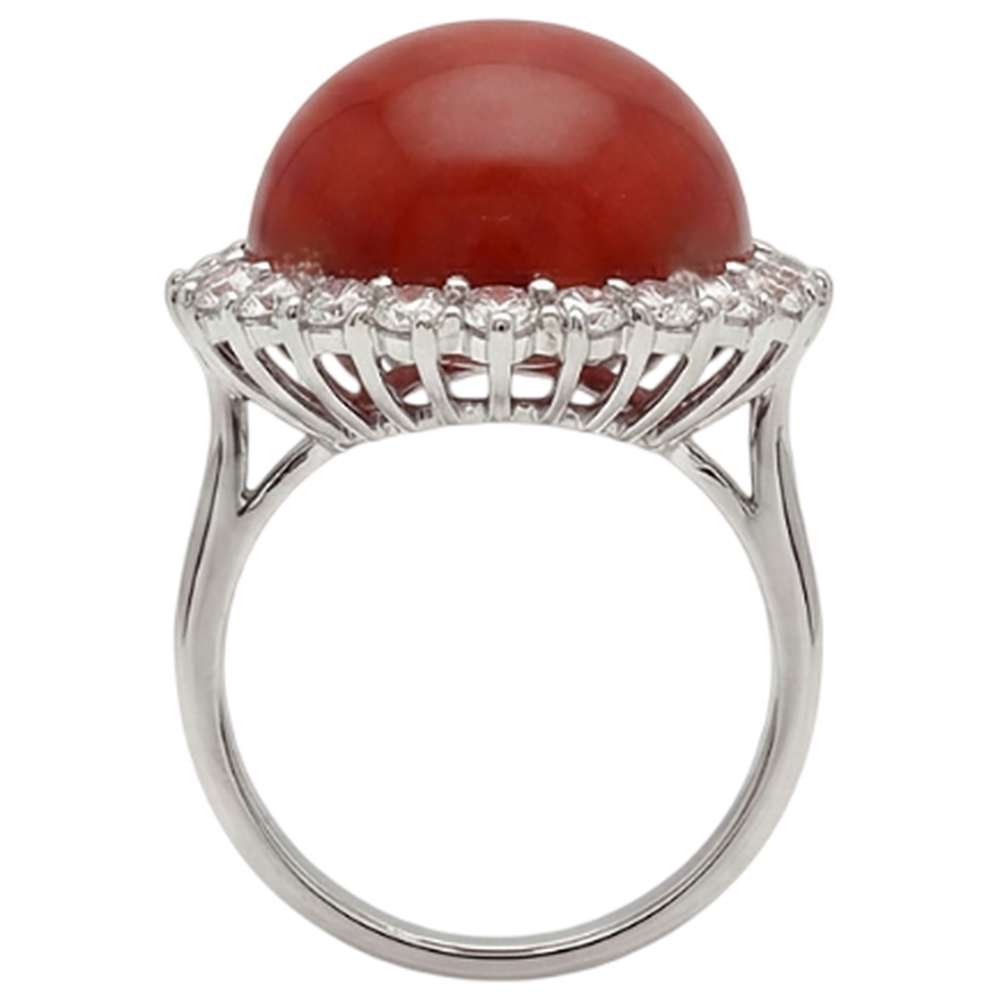 15.25 Ct Big Red Coral And Natural Earth Mined Diamond ( Not Lab Grown )s Engagement Ring White Gold 14K