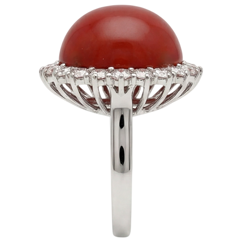 15.25 Ct Big Red Coral And Natural Earth Mined Diamond ( Not Lab Grown )s Engagement Ring White Gold 14K
