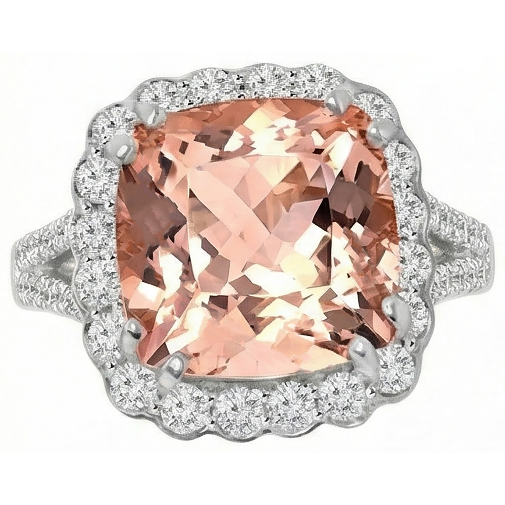 15.25 Ct Cushion Morganite With Round Natural Earth Mined Diamond ( Not Lab Grown )s Ring 14K White Gold