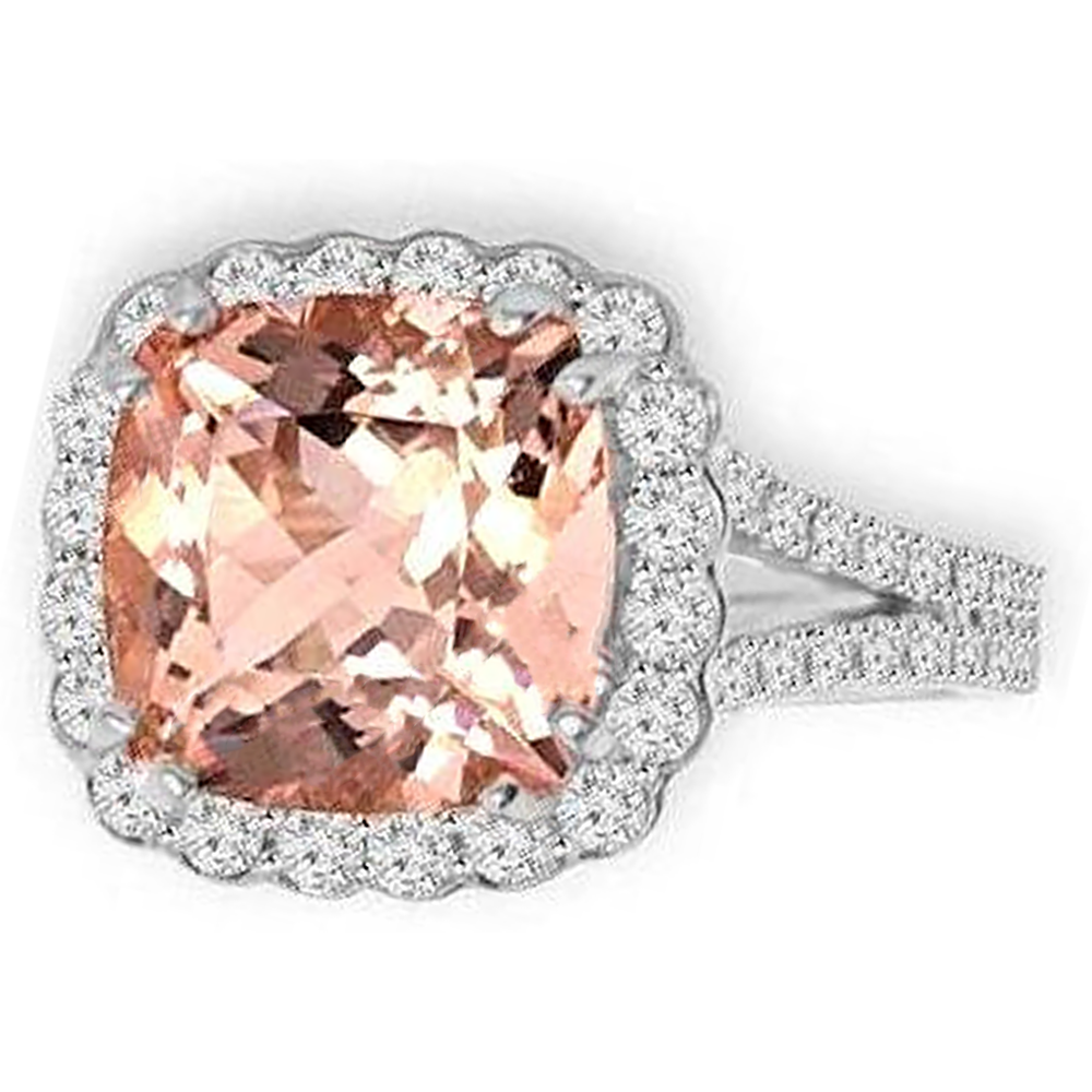 15.25 Ct Cushion Morganite With Round Natural Earth Mined Diamond ( Not Lab Grown )s Ring 14K White Gold