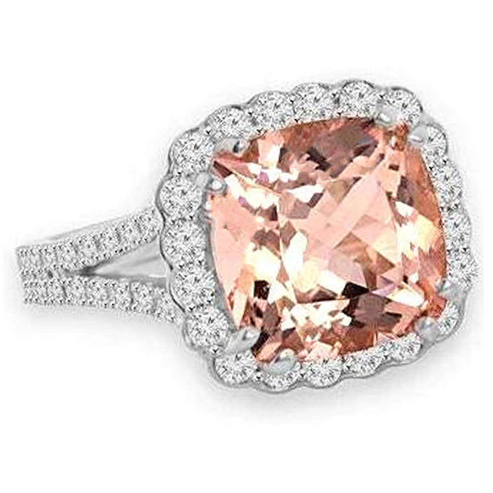 15.25 Ct Cushion Morganite With Round Natural Earth Mined Diamond ( Not Lab Grown )s Ring 14K White Gold