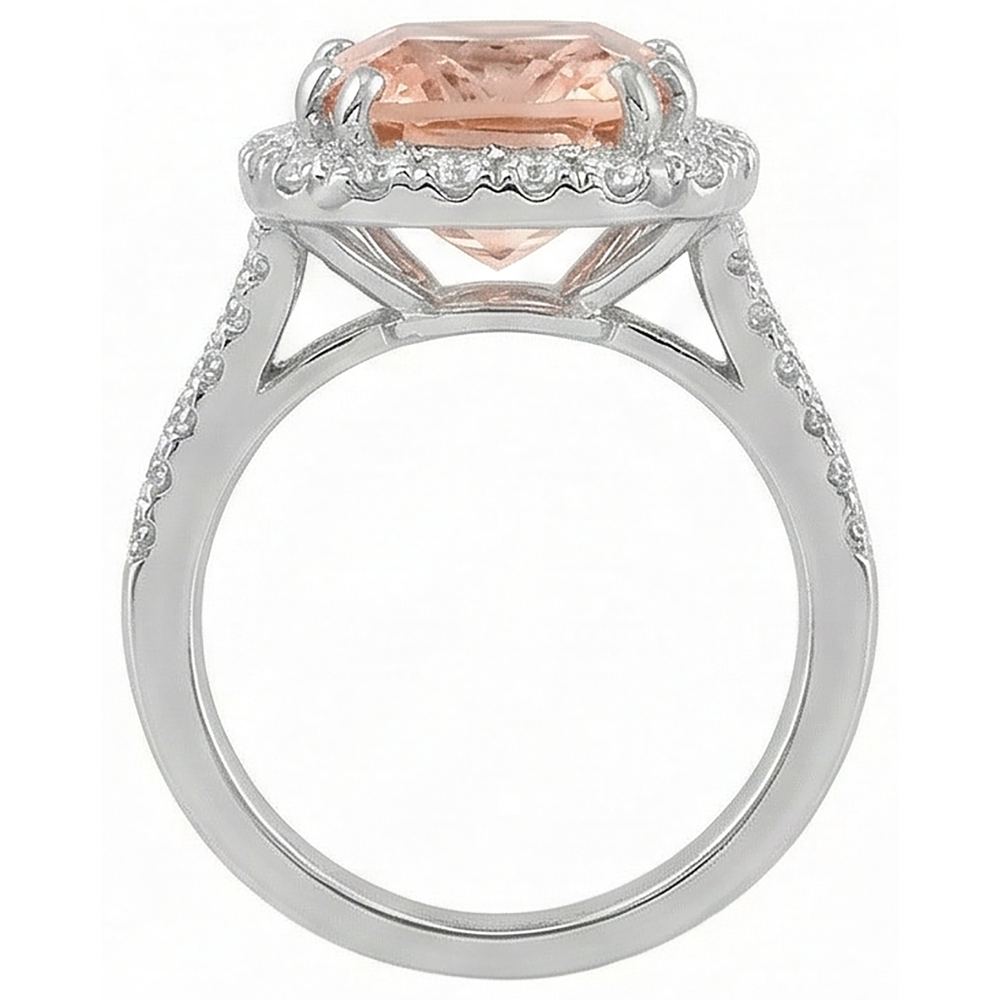 15.25 Ct Cushion Morganite With Round Natural Earth Mined Diamond ( Not Lab Grown )s Ring 14K White Gold