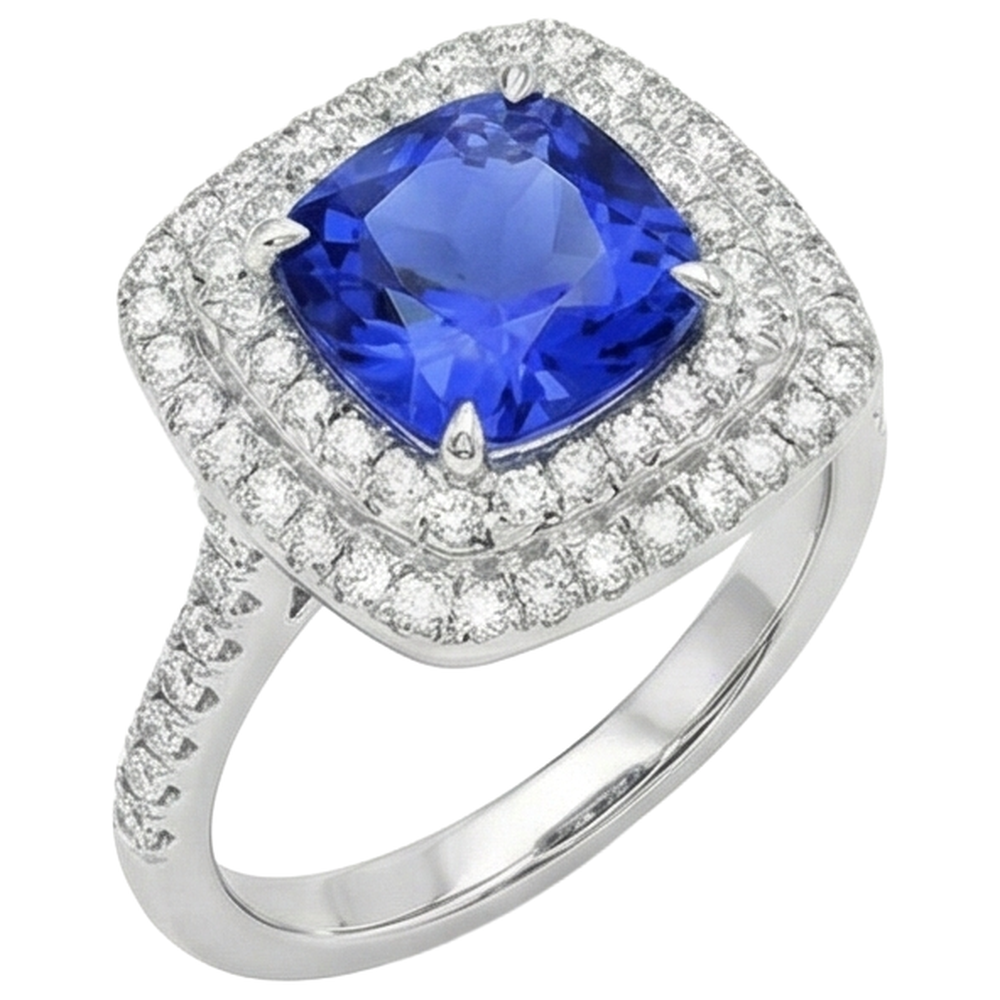 15 Ct Halo Cushion Tanzanite And Natural Earth Mined Diamond ( Not Lab Grown )s Ring White Gold 14K