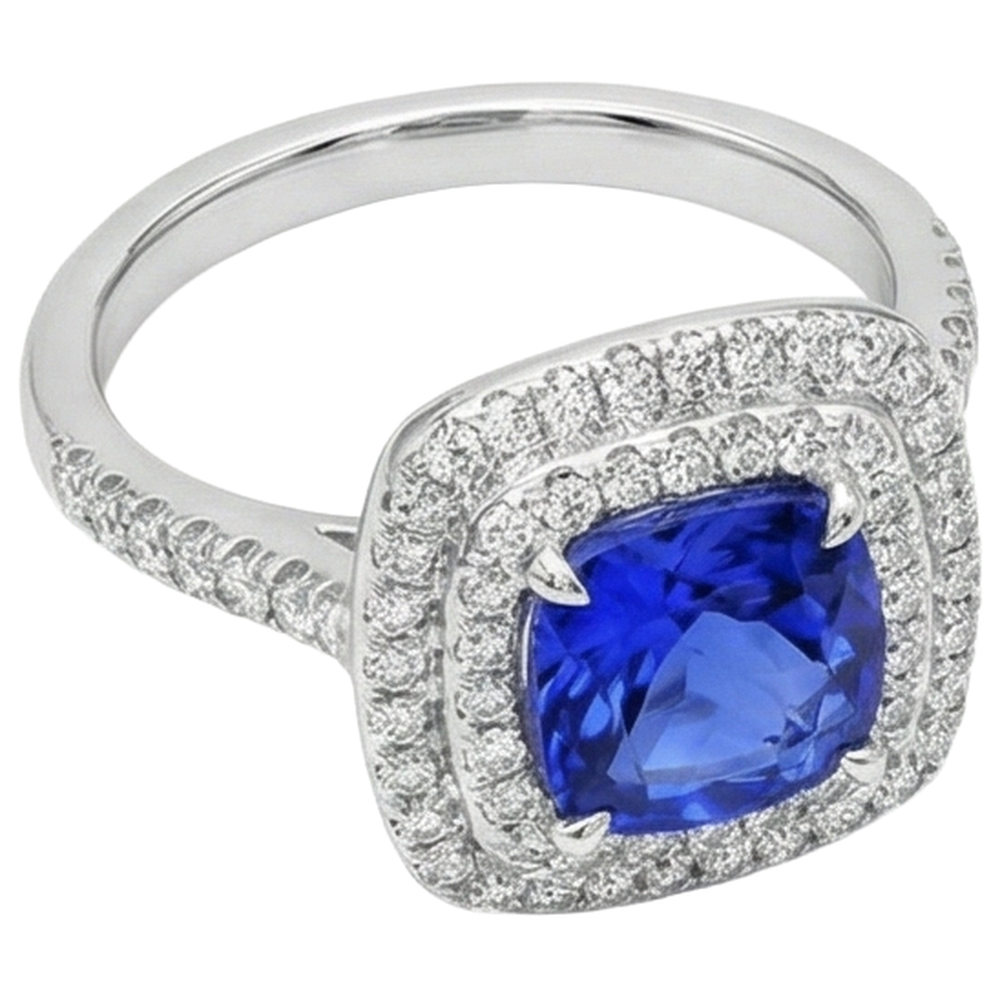 15 Ct Halo Cushion Tanzanite And Natural Earth Mined Diamond ( Not Lab Grown )s Ring White Gold 14K