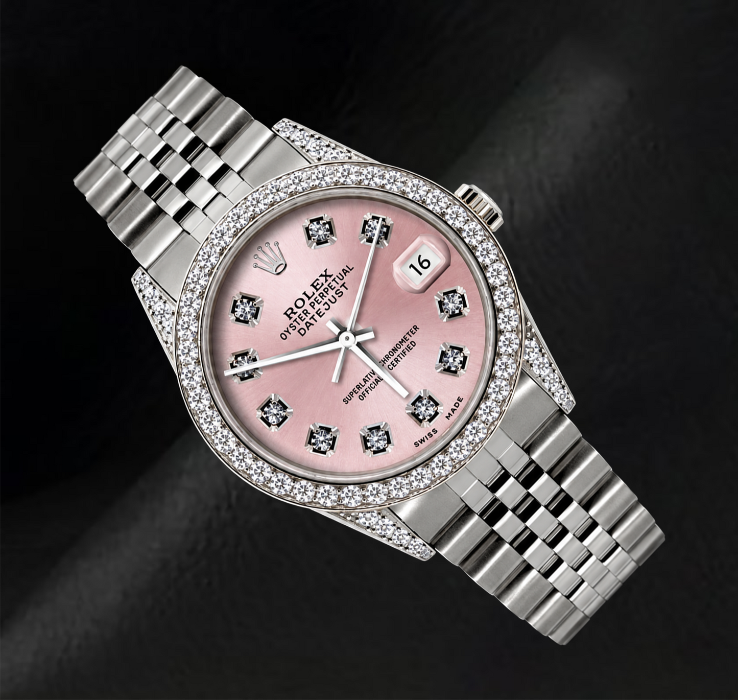 Rolex Datejust 36mm 16200 Pink Diamond Dial Diamond Bezel Stainless Steel Watch
