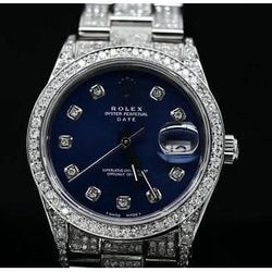 16 Carats Iced Out Custom Diamond Dial Bezel Rolex Date 34Mm Watch