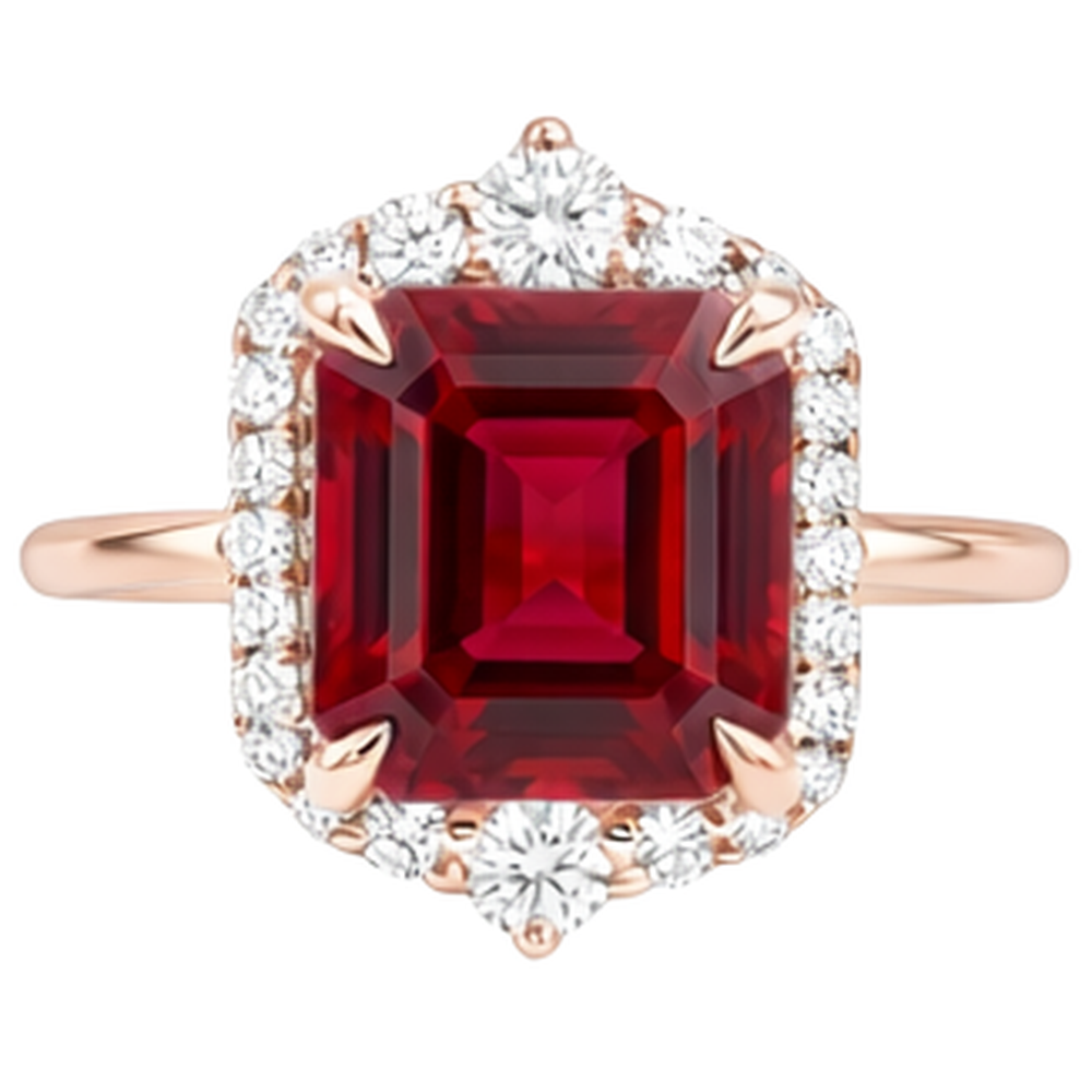17 Carats Big Asscher Shaped Red Ruby And Natural Earth Mined Diamond ( Not Lab Grown )  Ring Gold 14K