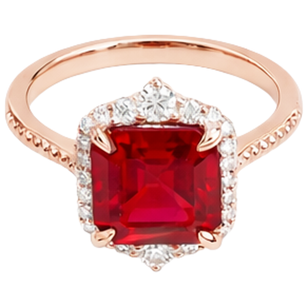 17 Carats Big Asscher Shaped Red Ruby And Natural Earth Mined Diamond ( Not Lab Grown )  Ring Gold 14K