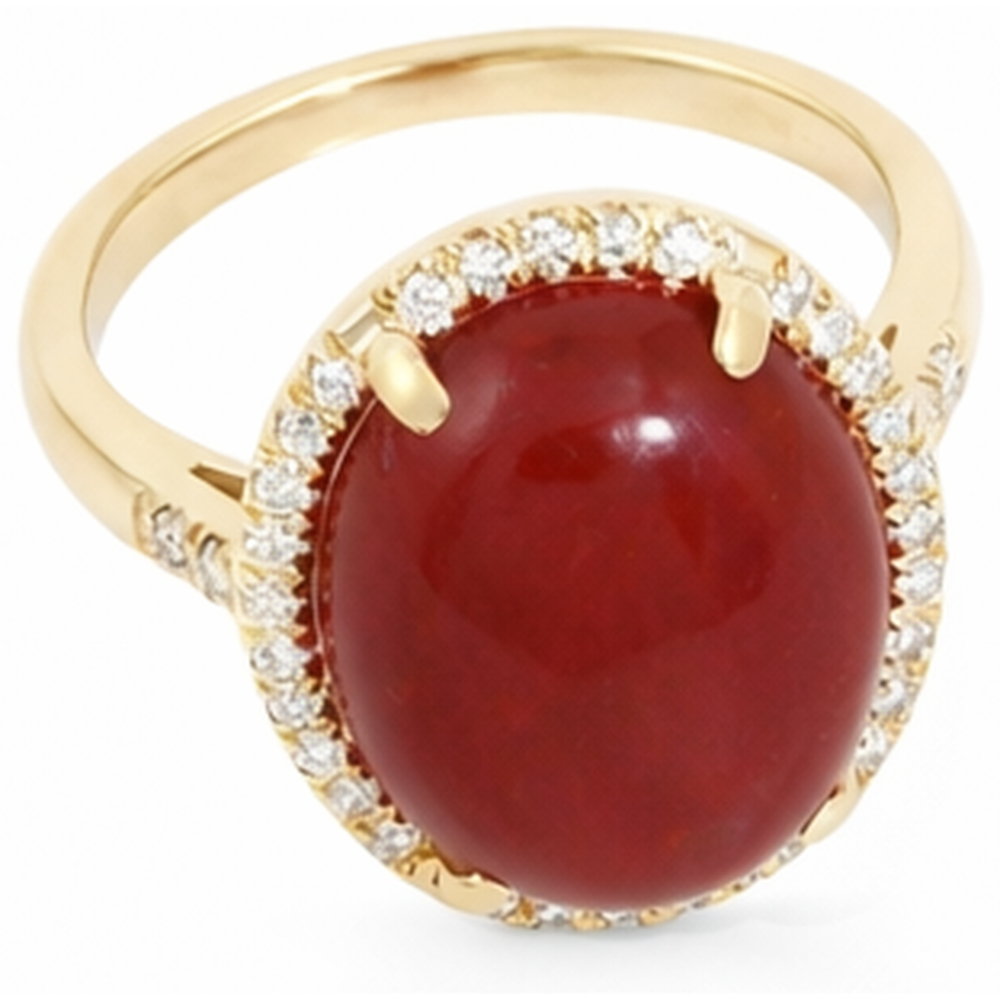 17 Ct Big Red Coral And Small Natural Earth Mined Diamond ( Not Lab Grown )s Wedding Ring Gold 14K