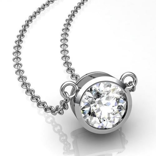 1 Carat Bezel Set Round Cut Real Diamond Necklace Pendant Gold 14K - Pendant-harrychadent.ca