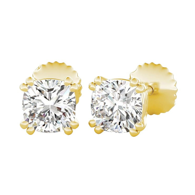 1 Carat Cushion Cut Double Prong Set Real Diamond Stud Earring Yellow Gold - Stud Earrings-harrychadent.ca