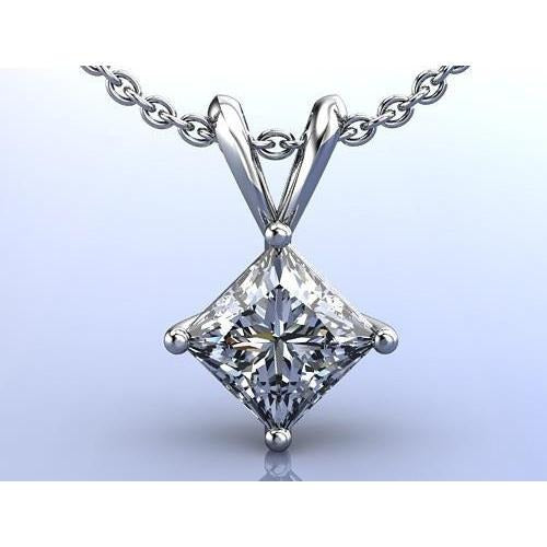 1 Carat Four Prong Setting Real Princess Diamond Pendant 14K White Gold