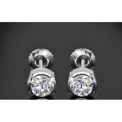 1 Carat Half Bezel Set Round Real Diamond Stud Earring