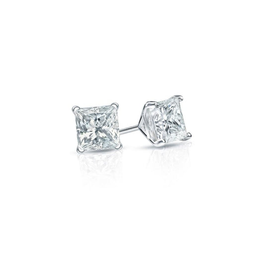 1 Carat Princess Cut Real Natural Earth Mined Diamond Stud Earring 14K White Gold