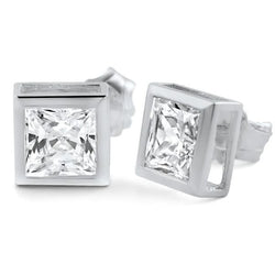 1 Carat Princess Cut Real Natural Earth Mined Diamond Stud Earrings 14K White Gold