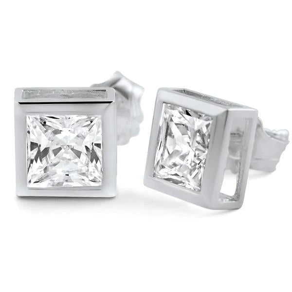 1 Carat Princess Cut Real Diamond Stud Earrings 14K White Gold