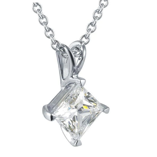 1 Carat Princess Cut Solitaire Real Diamond Pendant Solid White Gold 14K Jewelry