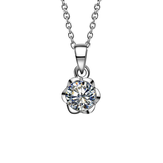 1 Carat Round Real Diamond Necklace Pendant Flower Style White Gold 14K