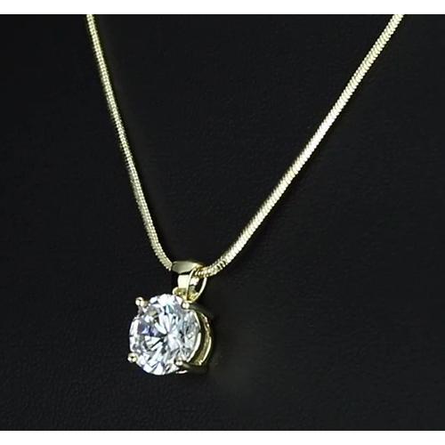 1 Carat Round Real Diamond Pendant Four Prong Setting Yellow Gold 