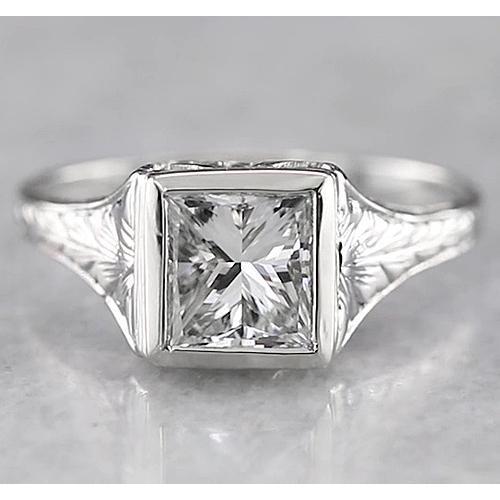 1 Carat Solitaire Princess Genuine Diamond Ring Antique Style White Gold 14K