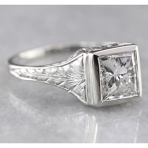 1 Carat Solitaire Princess Genuine Diamond Ring Antique Style White Gold 14K