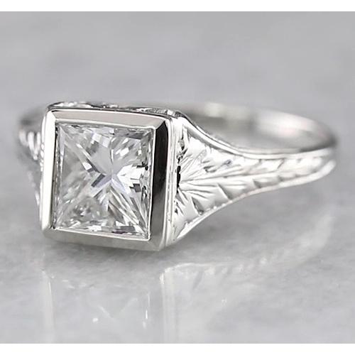 1 Carat Solitaire Princess Genuine Diamond Ring Antique Style White Gold 14K