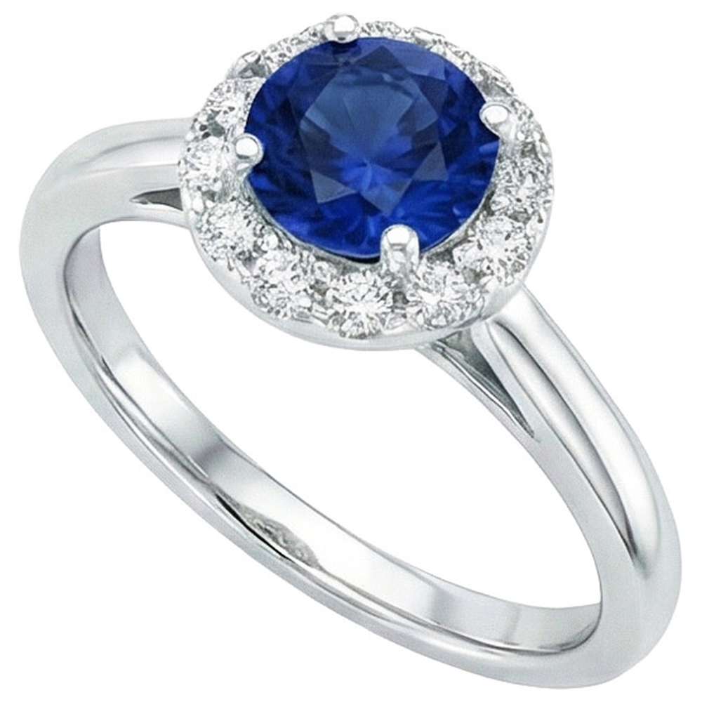 2.10 Carat Round Ceylon Blue Sapphire And Natural Earth Mined Diamond ( Not Lab Grown )  Ring White Gold 14K