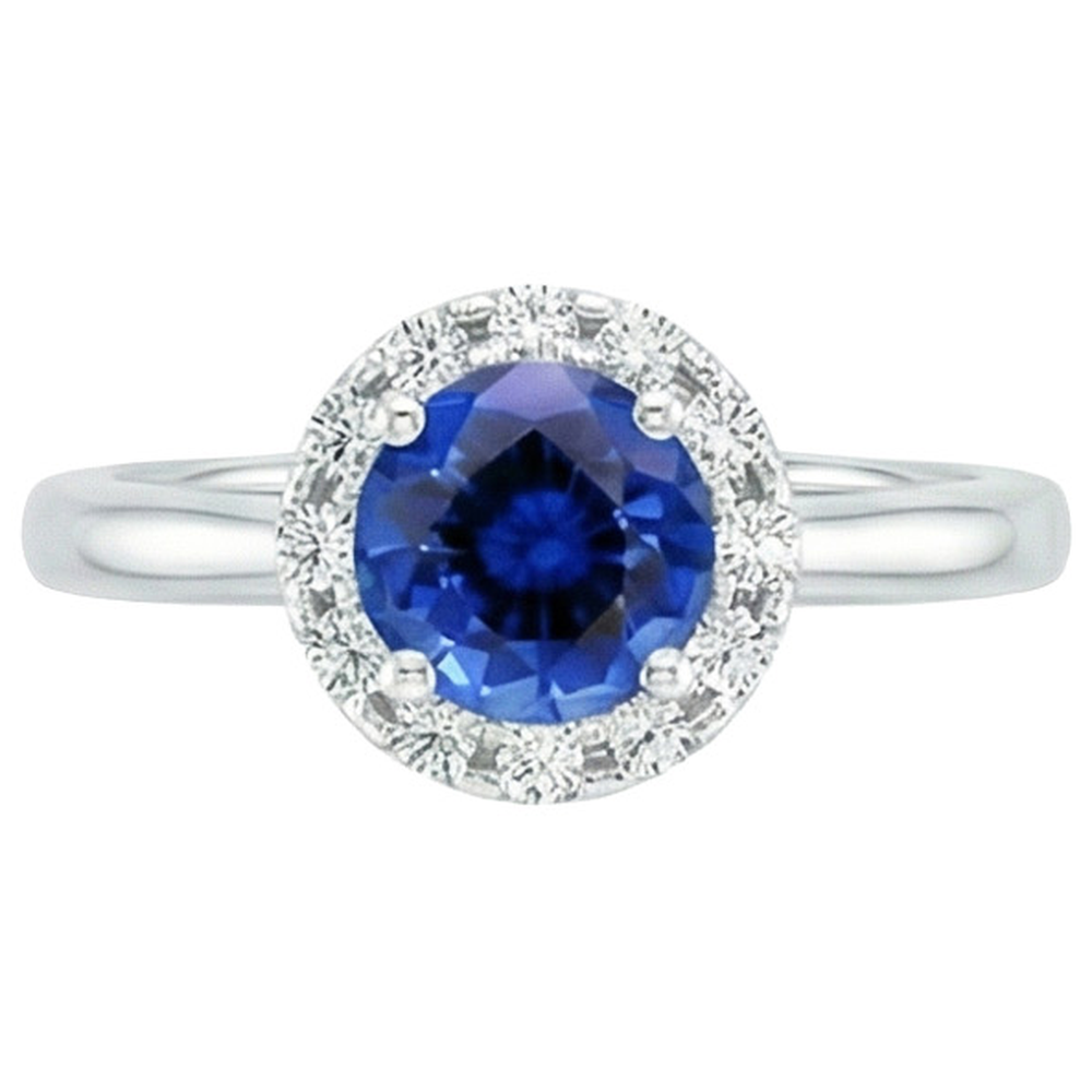 2.10 Carat Round Ceylon Blue Sapphire And Natural Earth Mined Diamond ( Not Lab Grown )  Ring White Gold 14K