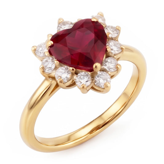 2.25 Carats Heart Cut Ruby And Natural Earth Mined Diamond ( Not Lab Grown )  Ring Yellow Gold 14K