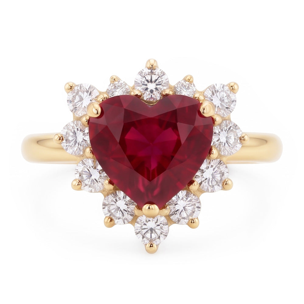 2.25 Carats Heart Cut Ruby And Natural Earth Mined Diamond ( Not Lab Grown )  Ring Yellow Gold 14K