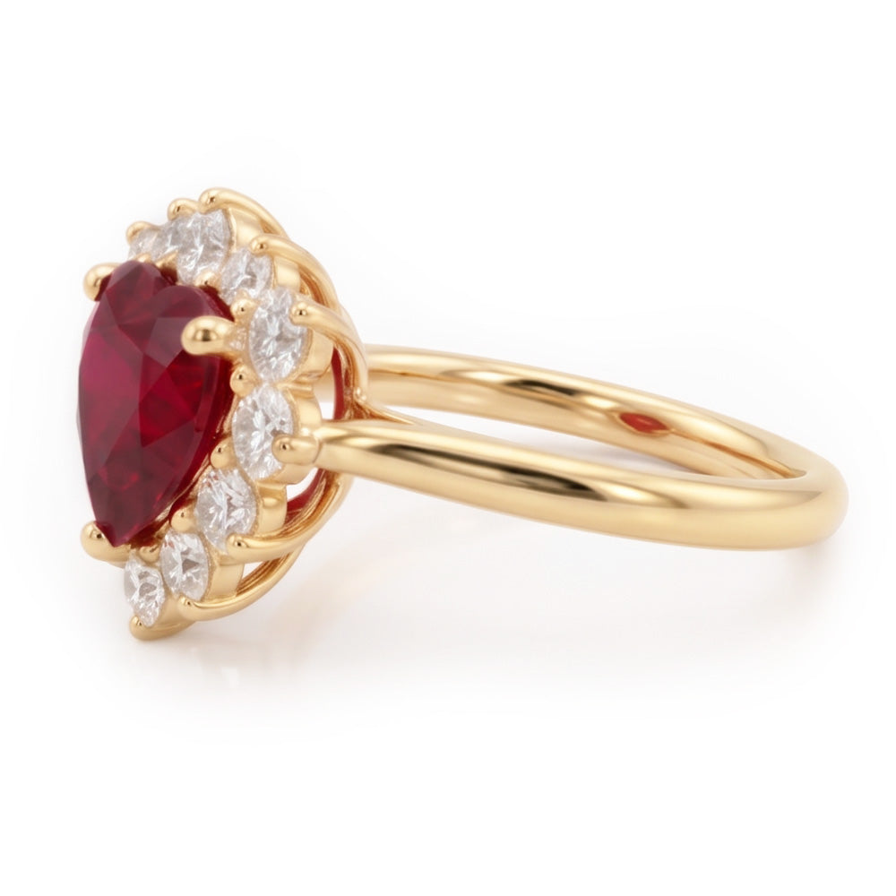 2.25 Carats Heart Cut Ruby And Natural Earth Mined Diamond ( Not Lab Grown )  Ring Yellow Gold 14K