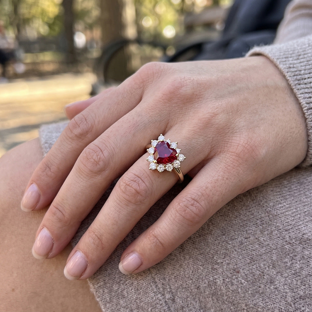 2.25 Carats Heart Cut Ruby And Natural Earth Mined Diamond ( Not Lab Grown )  Ring Yellow Gold 14K