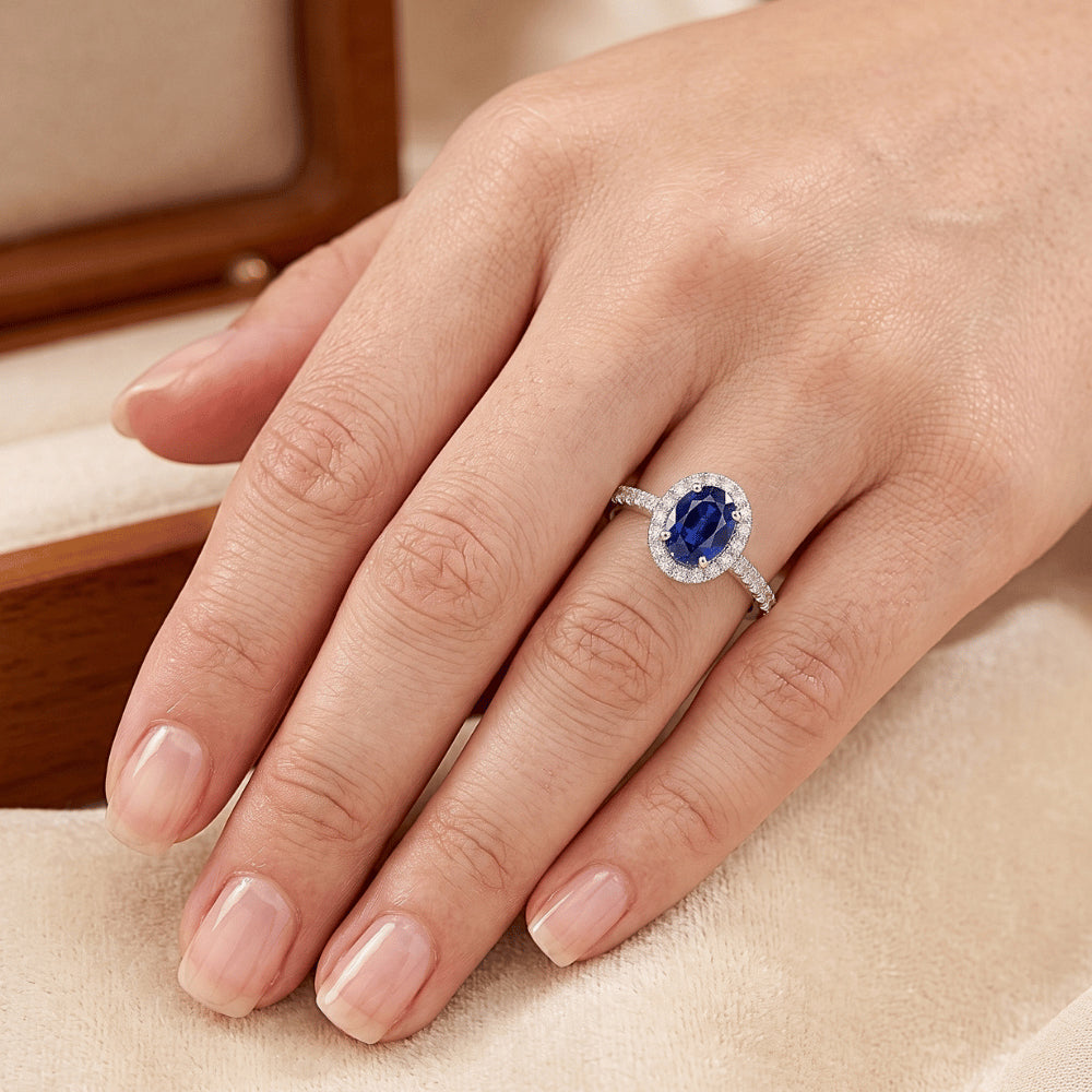 2.25 Carats Oval Blue Sapphire And Natural Earth Mined Diamond ( Not Lab Grown ) Wedding Ring White Gold 14K