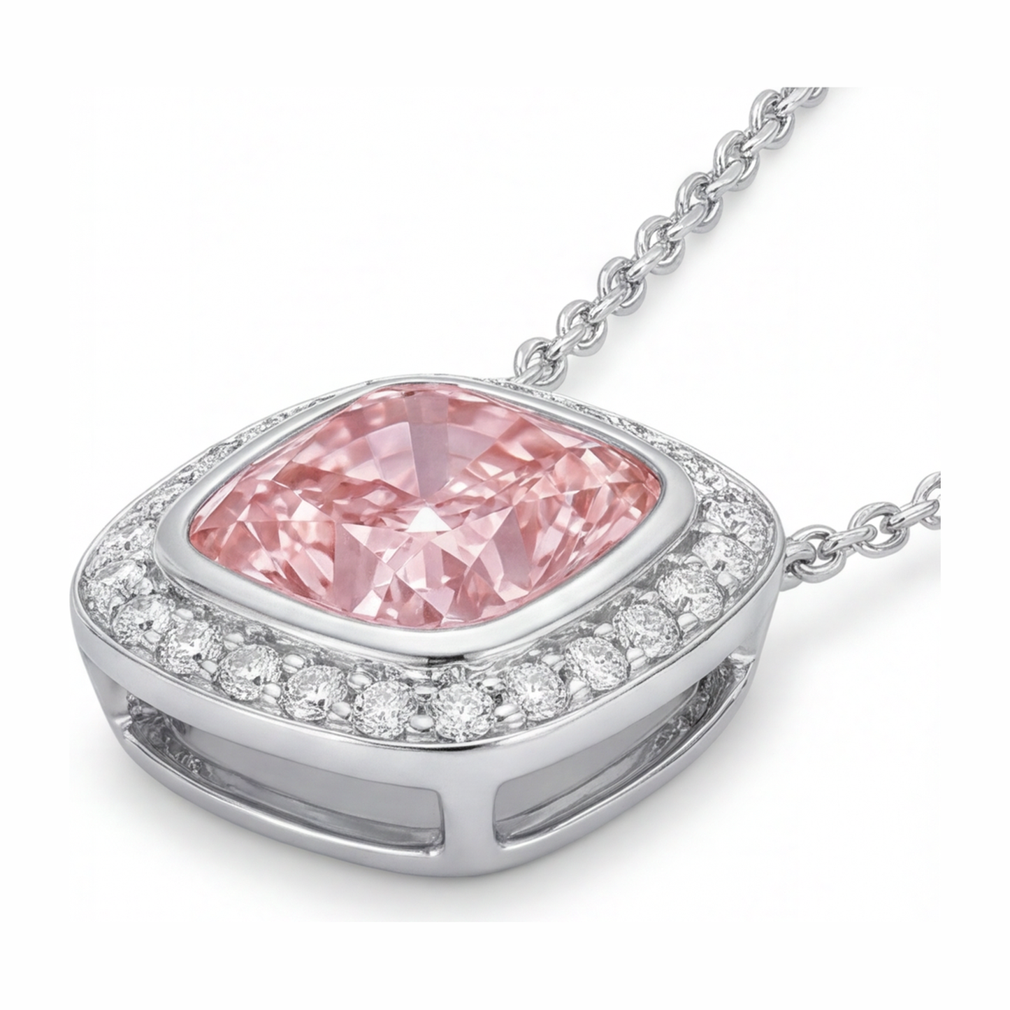 Pink Diamond Necklace 2.25 Carat Lab Grown Cushion Halo Pendant 14K White Gold