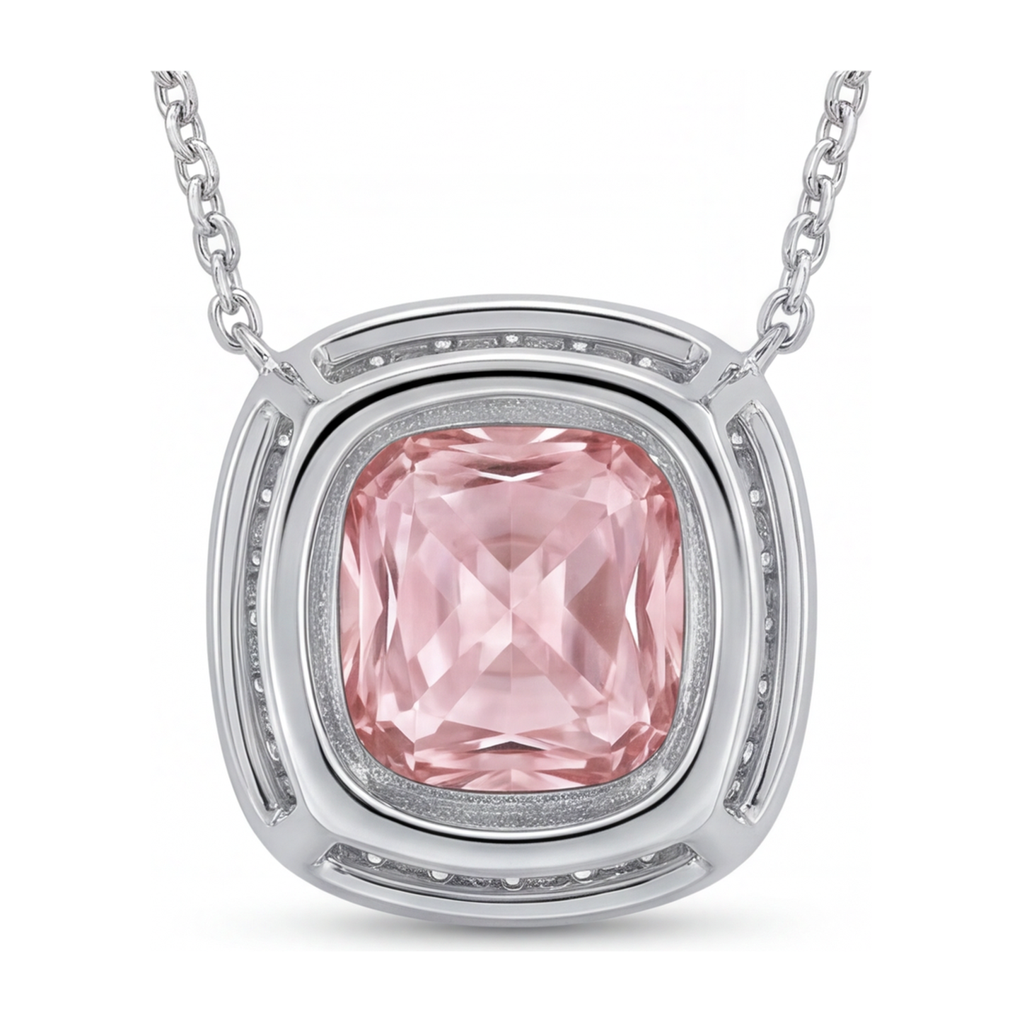 Pink Diamond Necklace 2.25 Carat Lab Grown Cushion Halo Pendant 14K White Gold