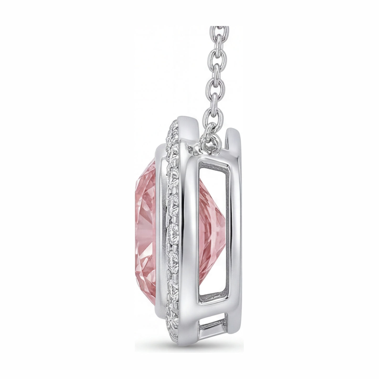 Pink Diamond Necklace 2.25 Carat Lab Grown Cushion Halo Pendant 14K White Gold