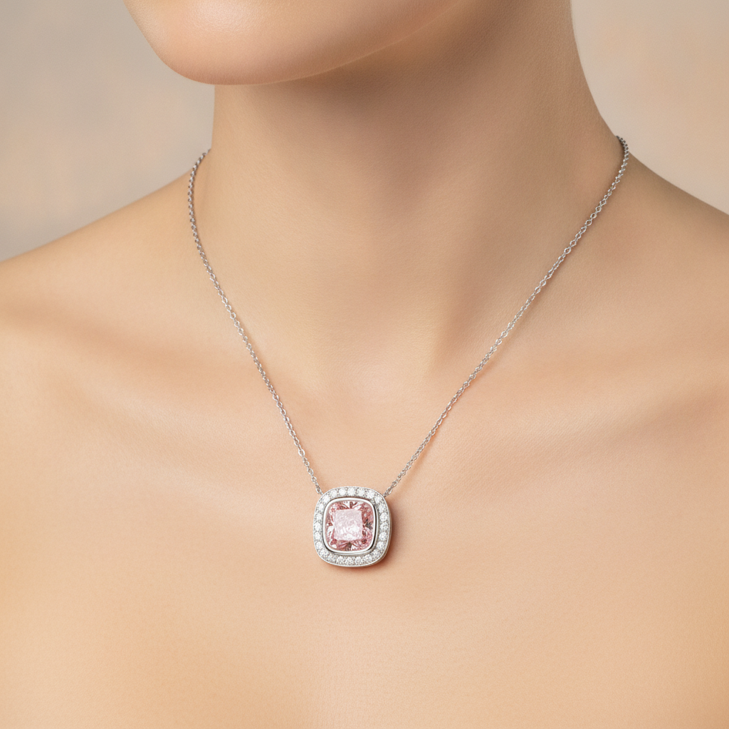 Pink Diamond Necklace 2.25 Carat Lab Grown Cushion Halo Pendant 14K White Gold