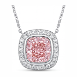 Pink Diamond Necklace 2.25 Carat Lab Grown Cushion Halo Pendant 14K White Gold