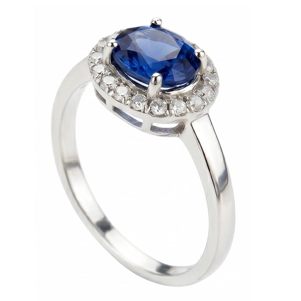 2.40 Ct Oval Ceylon Sapphire And Natural Earth Mined Diamond ( Not Lab Grown )  Ring White Gold 14K