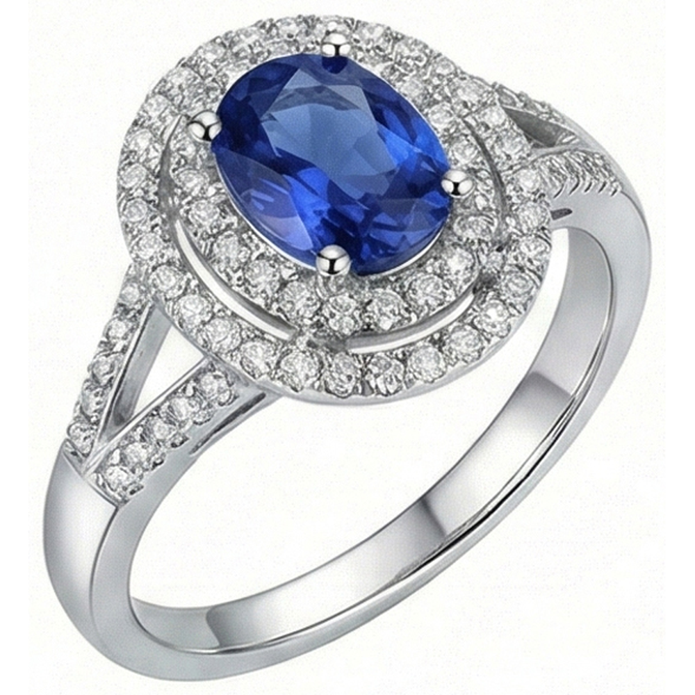 2.45 Ct Blue Oval Sapphire With Natural Earth Mined Diamond ( Not Lab Grown ) Wedding Ring White Gold 14K
