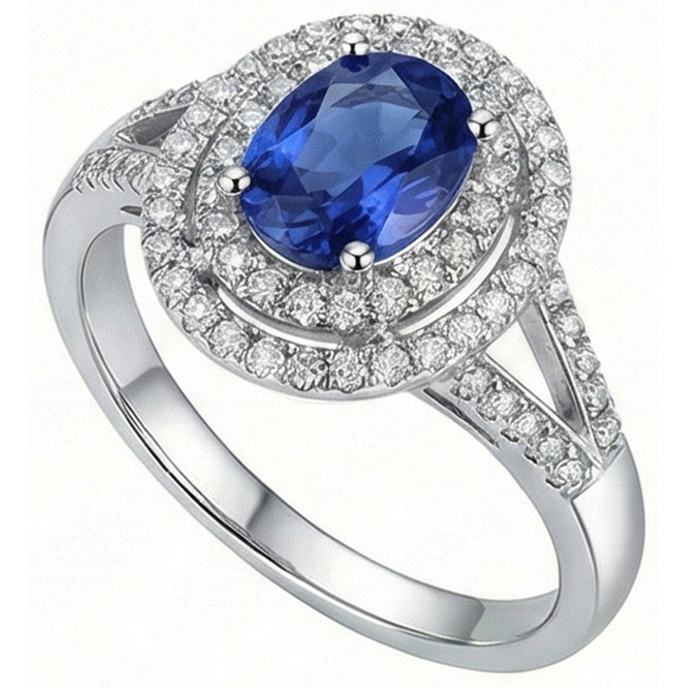2.45 Ct Blue Oval Sapphire With Natural Earth Mined Diamond ( Not Lab Grown ) Wedding Ring White Gold 14K