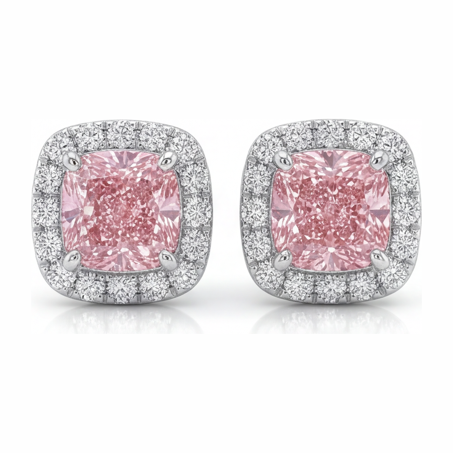 Pink Diamond Earrings 2.5 Carat Lab Grown Cushion Halo 14K White Gold