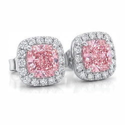 Pink Diamond Earrings 2.5 Carat Lab Grown Cushion Halo 14K White Gold