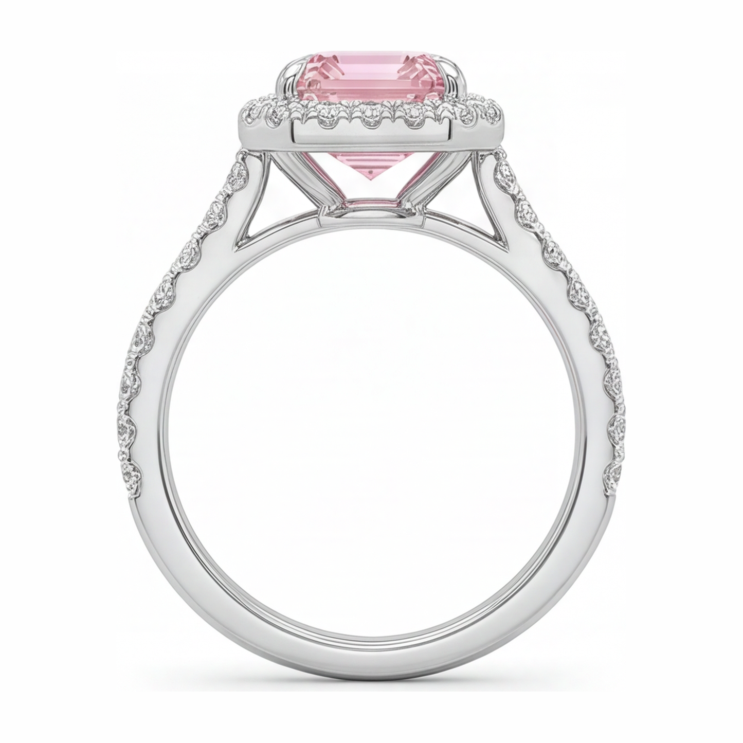 Pink Diamond Ring 2.5 Carat Lab Grown Emerald Halo 14K White Gold